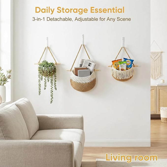 Boho Style Handwoven Rope Hanging Basket - 3-Tier Detachable Storage Organizer for Kitchen/Bathroom/Entryway, 3 Included Heavy-Duty Hooks, 7 Color Options Available (Green&White)