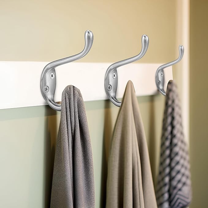 Coat Hooks 5 Pack - Heavy Duty Wall Mounted Brushed Nickel Door Hooks Double Prong Hooks for Hanging Clothes/Towels - Sturdiness Design with Better Mounting System