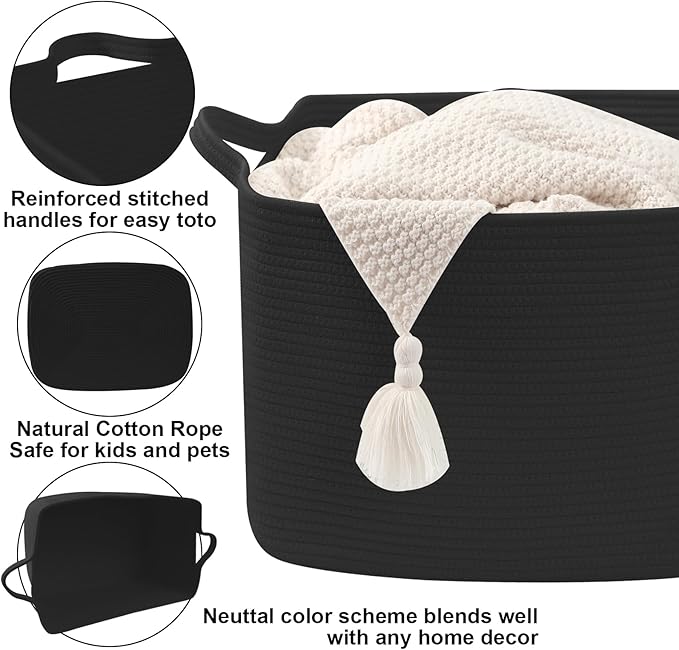 Magazine & Newspaper Baskets,65L Large Woven Rope Blanket Basket,21"x16"x12"Storage Bin with Handle,Toys Storage,Laundry Basket for Home Organization/Living Room/Nursery/Bedroom,Black