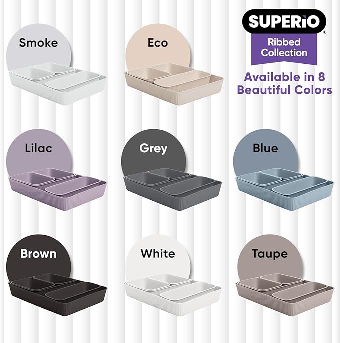 Superio Decorative Plastic Desk Drawer Organizer Tray, Lilac Purple (Set of 5) Open Home Storage Bins Organizer Baskets, for Organizing Closet Shelves Drawer Shelf - Ribbed Collection