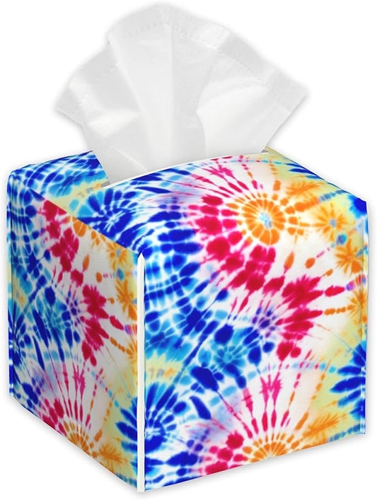 Rainbow Tie Dye Swirl Tissue Box Cover Square,Tissue Box Holder with Belt Bottom,Stylish Leather Napkin Holder for Vanity Countertop,Nightstands,Office Desk,5.2"Ã5.2"Ã5.2"