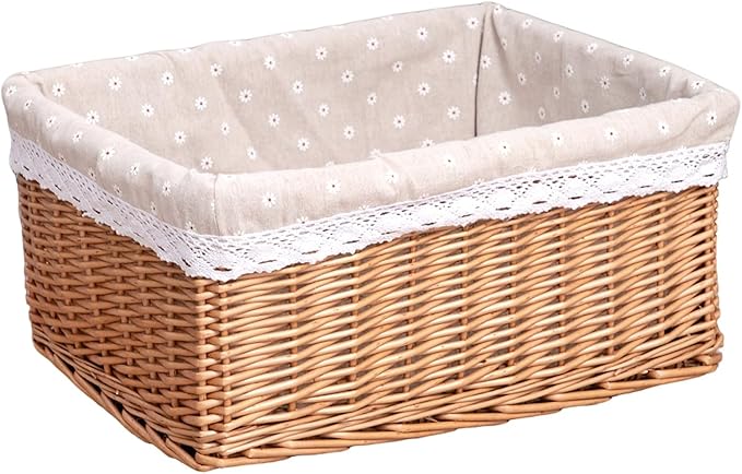 Willow Storage Basket with Linen Liner - 17.32 x 12.99 x 8.27 Inch Handwoven Decorative Bin for Home, Kitchen, Nursery - Rustic Organizer for Blankets, Toys, Fruits & More