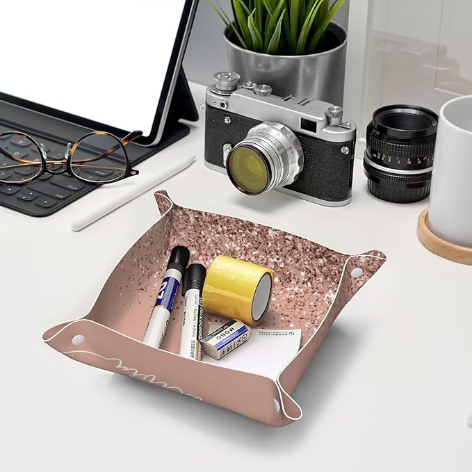 Blush Pink Rose Gold Glitter Leather Vanity Tray Desktop Storage Organizer, Decorative Catchall Perfume Tray, Bathroom Valet Tray,Nightstand Caddy Holder for Keys Phone Wallet Coin Jewelry, S