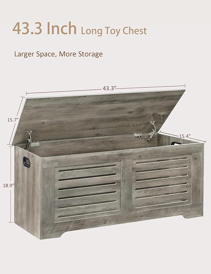DINZI LVJ Storage Chest, 43.3â Wooden Toy Box with 2 Safety Hinges, Retro Entryway Shoe Storage Bench with Flip-Top, Sturdy Large Storage Trunk for Living Room, Bedroom, Easy Assembly, Gray Wash