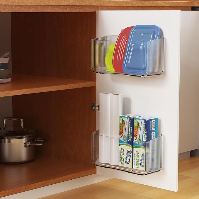 4 Pack Cabinet Door Organizers Plastic Wrap Holders for Kitchen Organizers, No drilling Wall Door Mount Kitchen Wrap Rack for Foil Wrap, Cling Wrap, and Food Bags, Clear