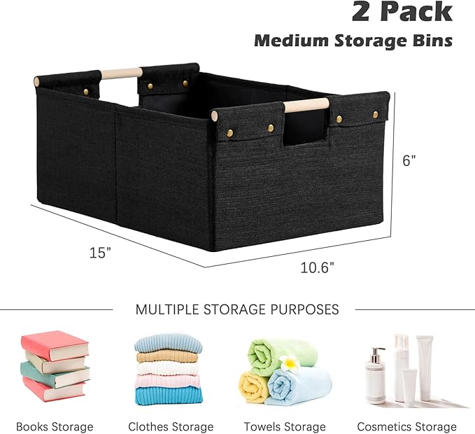 2PCS Storage Bins Cotton Linen Fabric Storage Boxes Basket with Wooden Handles Foldable Washable Decorative Shelf Container Closet Clothes Organizer Home Laundry (Medium Size, Black)