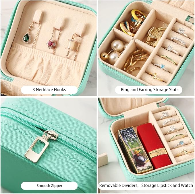 Travel Jewelry Case, Mini Portable Jewelry Travel Boxes, Small Jewelry Organizer for Rings, Earrings, Pendants, Watches, Necklaces, Lipsticks Organizer Storage Holder Case (Cyan Blue)