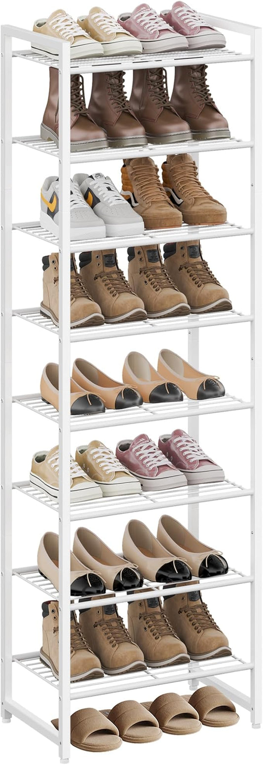 Narrow Shoe Rack, 8-Tier Metal Shoe Organizer,Tall Shoe Shelf with Anti-Tip Strap, Max Holds 18 Pairs,Space Saving for Closet,Entryway,White