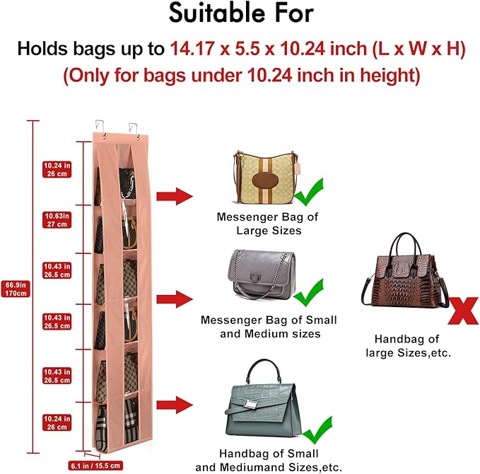 Lirex Over The Door Purse Organizer, Space-Saving Medium and Large Handbag Storage Organizer Clothing Closet Hanger, Light Pink