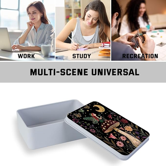 Metal Tin Box with Lid,Multi-functional Storage Box Can Store Tea Biscuits Game Cards, Playing & Tarot Cards-Comes with 4 Magnetic Cord Clips,Mushroom Fairy