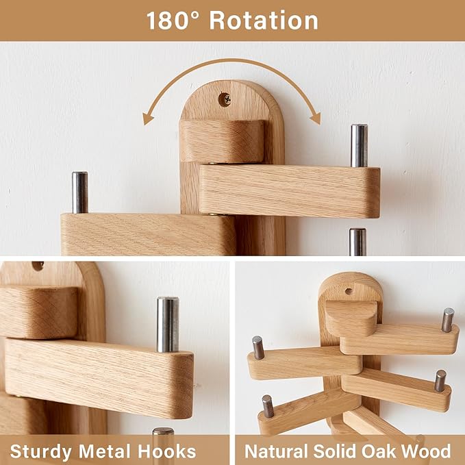 Swivel Coat Rack Oak Coat Hooks, Wood Wall Hooks with 5 Swivel Foldable Arms, 12'' Length Wall Coat Rack Hat Hooks for Bathroom Entryway Bedroom Office Kitchen, Heavy Duty (Natural)