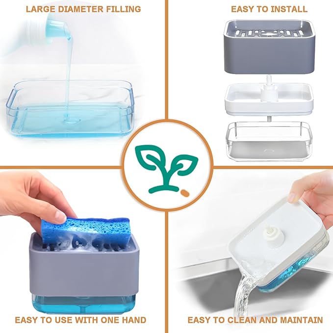 Dish Soap Dispenser with Sponge Holder for Kitchen Sink, 2 in 1 Kitchen Soap Dispenser with Water Scraper, 2 Pack Scratch Dish Sponges for Kitchen Countertop, Sink, Bathroom, Cleaning Gadgets