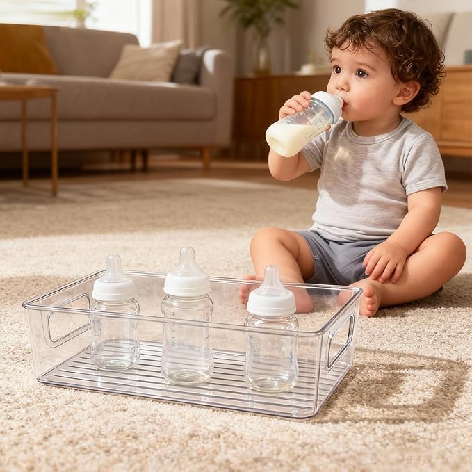 2Pack Clear Baby Bottle Organizer Portable Baby Bottle Storage Container for Cabinet,Drawer，Counter,Kitchen,Refrigerator-Portable Nursery Storage Plastic Baby Organizer