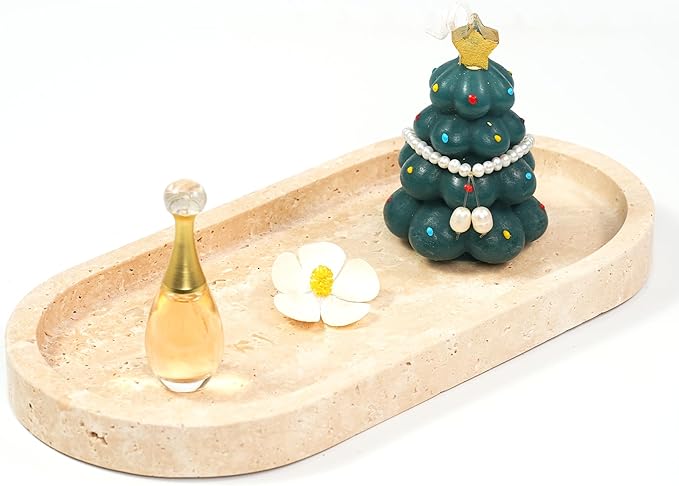 Travertine Marble Oval Tray - Stone Decorative Perfume Trinket Jewelry Dish, Catchall Organizer for Bathroom Vanity Dresser Kitchen Countertop Home Decor