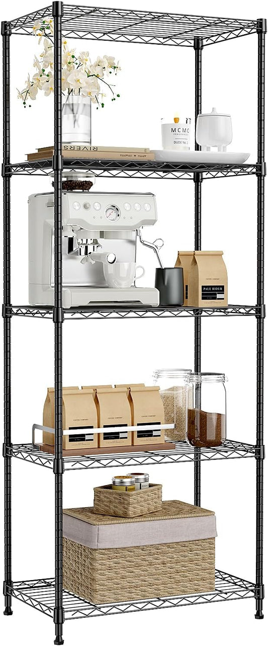 IZEUK 5-Tier Black Metal Storage Shelves, Adjustable Wire Shelving Unit for Kitchen, Bathroom, Pantry, Office, Garage, Organizer Wire Rack, 1250 lbs, 13.7" D x 23.6" W x 63" H