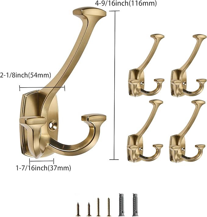 Brushed Brass Hooks Large Wall Mounted Decorative Solid Heavy-Duty Double-Sided Coat Hooks for Hanging Towels Coats Robes Towels Bag Bathroom Wall Hooks (10 Pack)