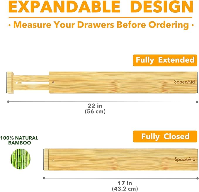 SpaceAid Bamboo Drawer Dividers with Labels, Kitchen Adjustable Drawer Organizers, Expandable Organization for Home, Office, Dressers and Bathroom, 6 Dividers (17-22 in)
