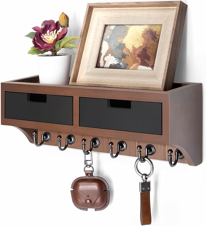 Rebee Vision Modern Farmhouse Key Holder Wall Mount with 2 Drawer Organizer : Mail Organizer with 6 Key Hooks and Wall Shelf - Home Organization for Room Decor (Brown & Black)