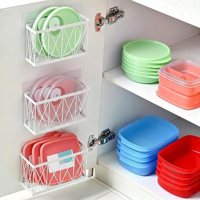 Adhesive Cabinet Organizer, Wall Mounted Lid Organizer, No Drill Kitchen Cabinet Storage for Slim Space, 3 Pcs White Stainless Steel