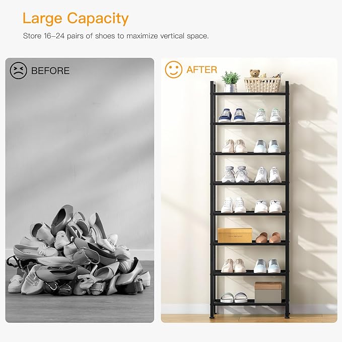 usikey 8 Tiers Narrow Shoe Rack 16-24 Pairs, Sturdy Metal Tall Shoe Rack with 4 Hooks, Slim Shoe Storage Organizer with Metal Shelf, Space Saving Vertical Shoe Shelf for Entryway Black UNYXJX016H
