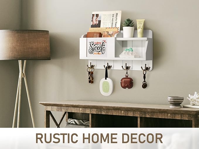 Rebee Vision Key and Mail Organizer Wall Mount - Decorative White Key Holder for Wall – Rustic Home Decor