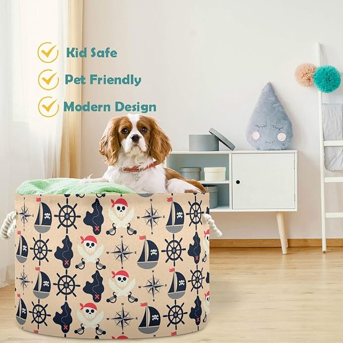 visesunny Collapsible Large Capacity Basket Vintage Pirate Skull Clothes Toy Storage Hamper with Durable Cotton Handles Home Organizer Solution for Bathroom, Bedroom, Nursery, Laundry,Closet
