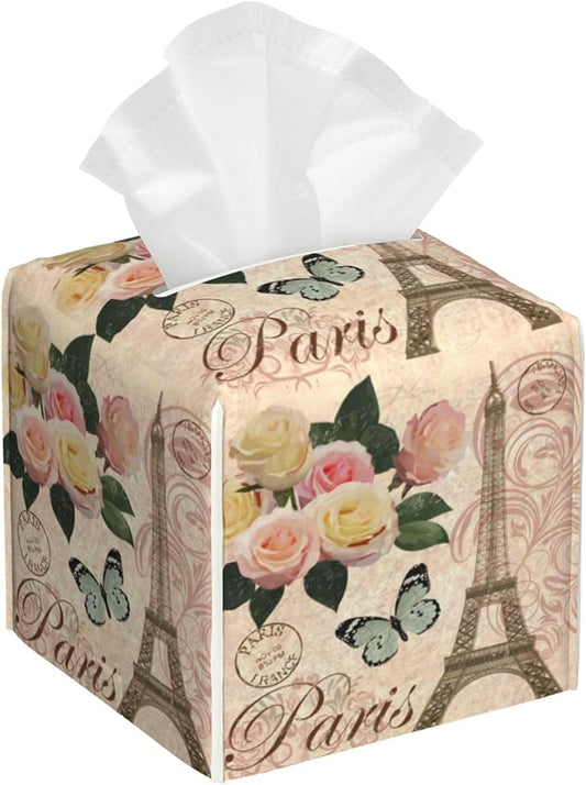 Vintage Paris with Rose Tissue Box Cover Leather Tissue Box Holder Square Facial Paper Organizer Dispenser for Bathroom Kitchen Bedroom Vanity Countertop Night Stands