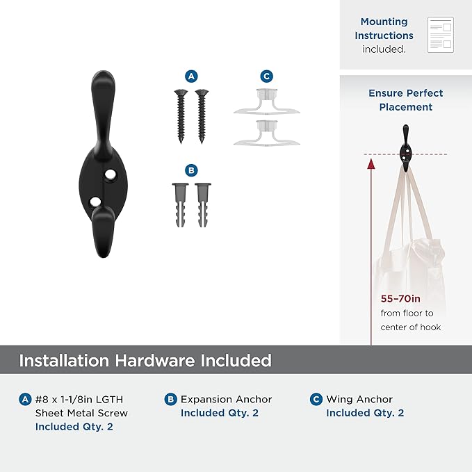 Amerock H55451MB | Noble Double Prong Decorative Wall Hook | Matte Black Hook for Coats, Hats, Backpacks, Bags | Hooks for Bathroom, Bedroom, Closet, Entryway, Laundry Room, Office