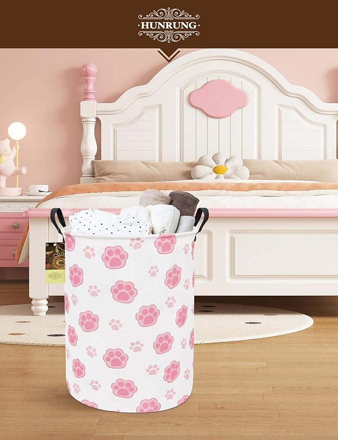 HUNRUNG Laundry Hamper,Large Canvas Fabric Lightweight Storage Basket Toy Organizer Dirty Clothes Collapsible Waterproof for College Dormsï¼Round-Pink Pawï¼