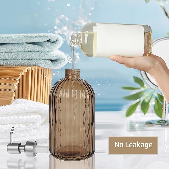 14Oz Brown Soap Dispenser Bathroom - 2 Pack, Clear Glass Hand Soap Dispensers with Stainless Steel Pump, Refillable Dish Soap Dispenser for Kitchen, Countertop Soap Dispensers