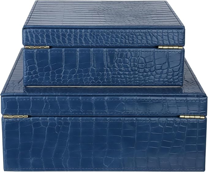 HofferRuffer Square Decorative Boxes, Set of 2 Nesting Storage Memory Keepsake Boxes with Lids, Stylish PU Leather Trinket Jewelry Organizer Box for Home Decor and Storage (Blue Croco)