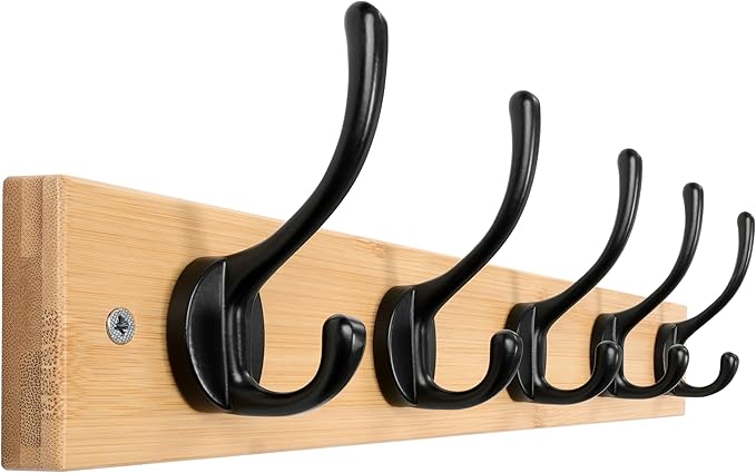 Dseap Wall Mounted Coat Rack: 16" Hole to Hole, Coat Hook Hanger with 5 Metal Hooks for Hanging Coats Towels Hats Clothes, Natural & Black