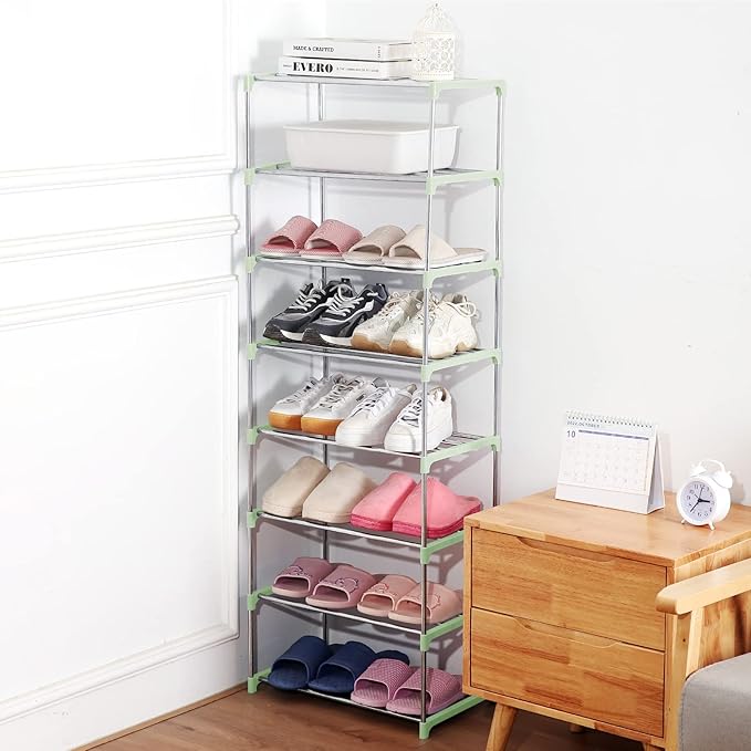 Small Shoe Rack, Narrow Stackable Shoe Shelf Organizer for Entryway, Doorway and Bedroom Closet (3-Tier, Green)