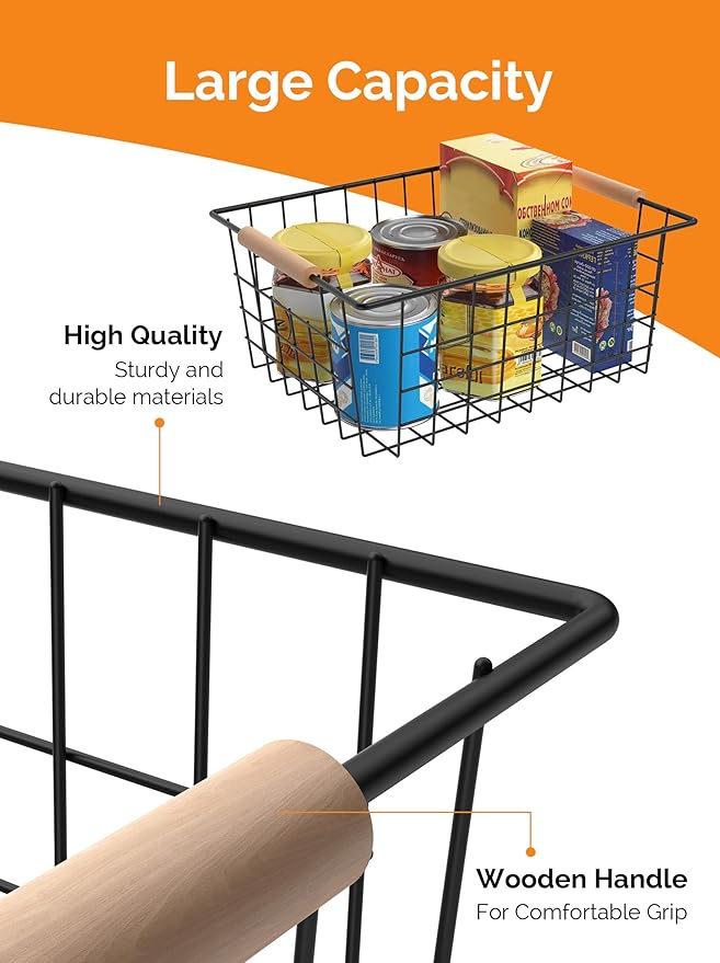 Baskets for household purposes, Wire Basket with Wooden Handle, Metal Utility Storage Basket for Organizing Kitchen Pantry Cabinets, Metal Basket Storage Organizer (Black 2 Pack)