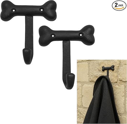 Mystic Colonial Medieval Cast Iron Bone-Shaped Wall Hook (Set of 2) | (3 in x 4 in) Rustic Gothic Decorative Hooks with Black Finish for Coats, Hats, Keys, Towels & Bags