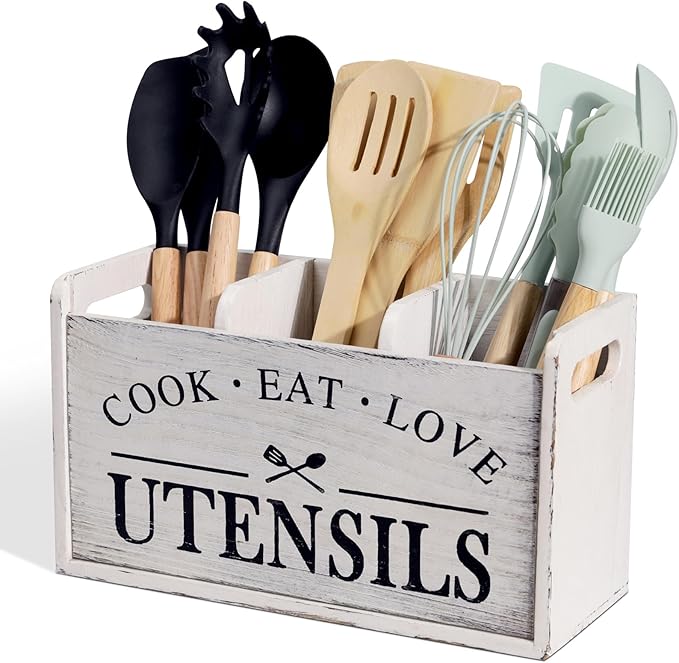 Farmhouse Cooking Utensils Organizer - Solid Wood Countertop Utensil Holder, 3 Compartment Spoon Holder for Kitchen Decor (White)