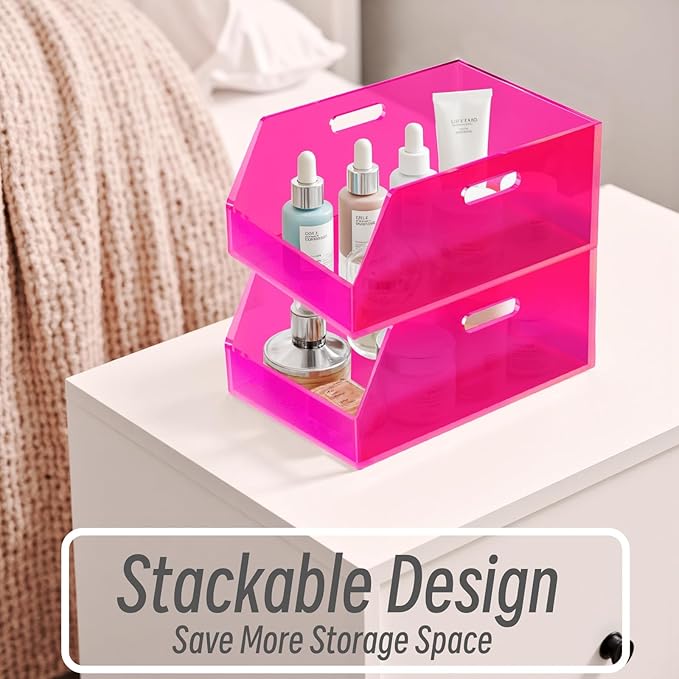 Gelite Stackable Storage Bins Open Front Organizer Bins with Handles Acrylic Storage Container for Pantry Kitchen Cabinet Bathroom Closet Office Organization, 11.4x7.5x5.1'', Neon Pink