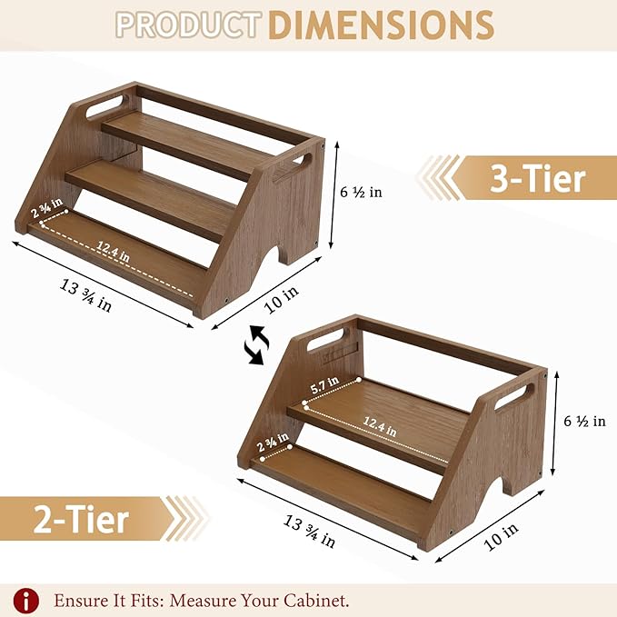Bamboo Spice Rack Organizer -3-Tier Spice Rack for Countertop,Cabinet Spice Rack Organizer for 18 Spice Jars(4oz)，Step Shelf(Walnut)