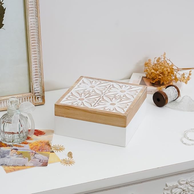 Small Decorative Box with Lid Wooden Keepsake Storage Box Carved Flower Handmade Jewelry Box Rustic Trinket Box Table Organizer - 7.1 x 7.1 x 3.2 Inches