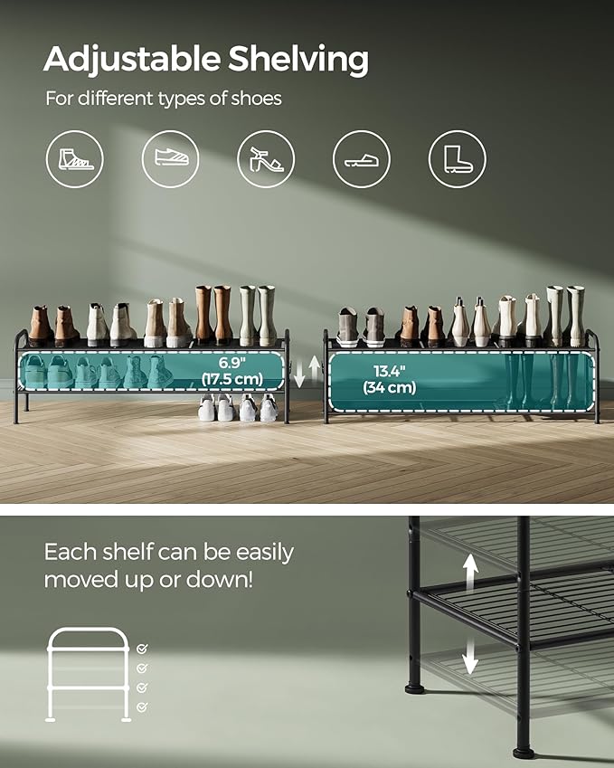 SONGMICS Shoe Rack, 2-Tier Shoe Organizer, Metal Shoe Shelf Storage with 4 Side Hooks, Holds 12 Pairs of Shoes, Height-Adjustable Shoe Rack for Entryway, Hallway, Closet, Ink Black ULMR121B01