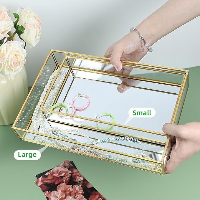 HighFree Rectangle Gold Mirror Tray, Decorative Glass Mirrored Vanity Tray for Perfume, Cosmetics, Makeup, Trinket, Jewelry (11.8x7.9x2)