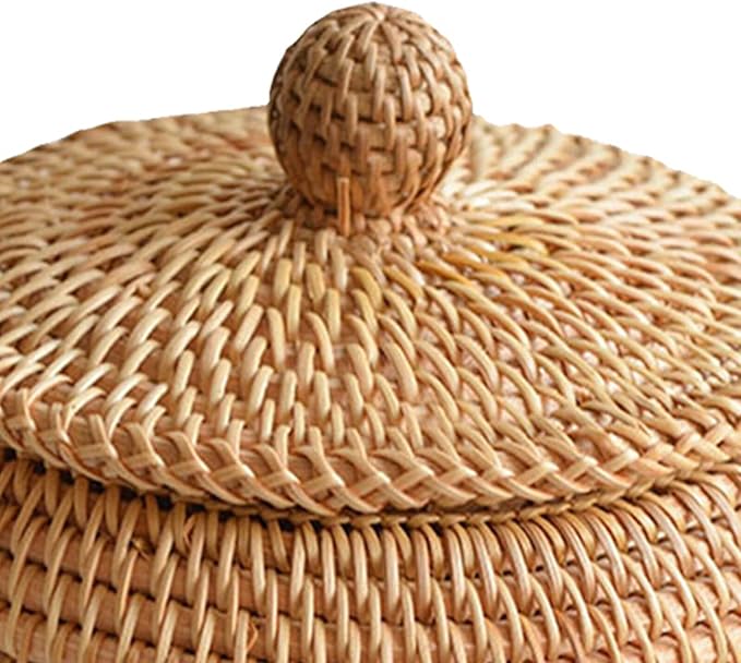 STOBAZA Small Round Remote Control Storage Box Woven Rattan Basket with Lid 3.15X4.33X3.15 Inches Compact Desktop Organizer for Living Room Coffee Table Sundries