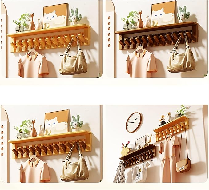 Wall Mounted Coat RackHooks Piano Key Hangers Natural Solid Wood Hanger Non-Woven Fabric Clothes Hangers for Closet, Kitchen, Bedroom, Bathroom, Entryway (Tray-Beech, 12 Hooks)