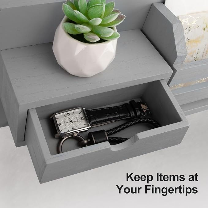 Wall Mount Key Holder with Mail Organizer, 100% Paulownia Wood, 7 Metal Hooks, Storage Drawer, Entryway Home Decor (Gray)