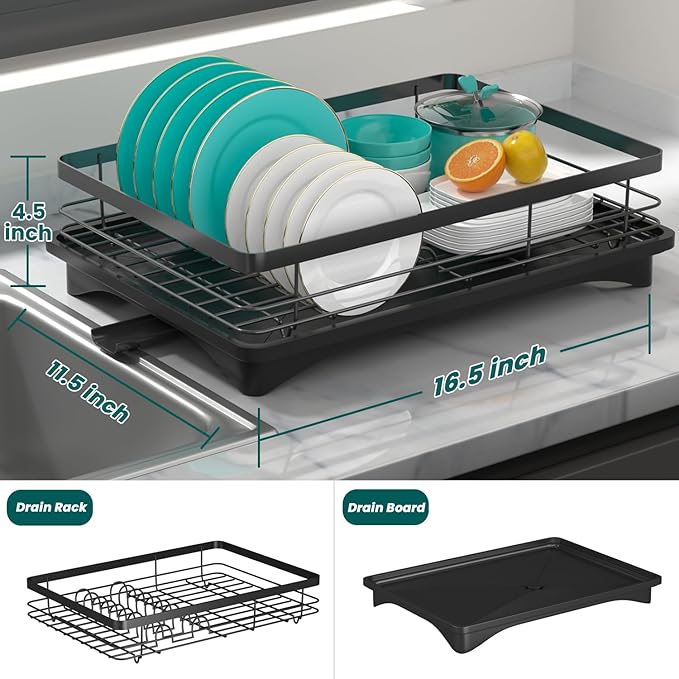 Small Dish Drying Rack for Kitchen Counter with Drainboard & Utensil Holder, Metal Dish Drainers for Kitchen with Adjustable Drain Spout, Ideal Dishes Strainers for Singles or Couples (Black)