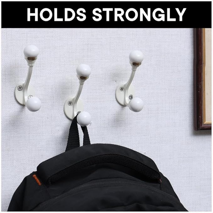 Indian Shelf Pack of 12 Double Prong White Decorative Coat Hooks Unique Coat Rack Wall Mount Ceramic Wall Hooks for Hanging Towel Holder Backpack Purse Hanger- Style 5