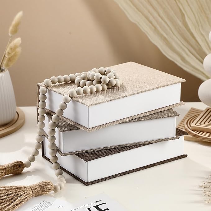 Tioncy 3 Pcs Fake Book Box Neutral Linen Book Box Decorative Faux Prop Storage for Farmhouse Home Decor shelf Table Card Photo DIY Keepsake Gift(8.6 x 6.1 x 1.8 Inch,Khaki, Dark Coffee, Light Coffee)