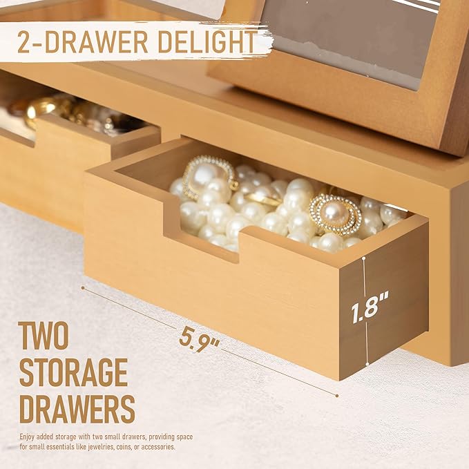 Rebee Vision Key Holder Wall Mount with 2 Drawer Organizer & Key Hooks - Farmhouse Key and Mail Holder for Wall with Shelf for Room Decor Aesthetic - Rustic Home Organization (Light Brown)