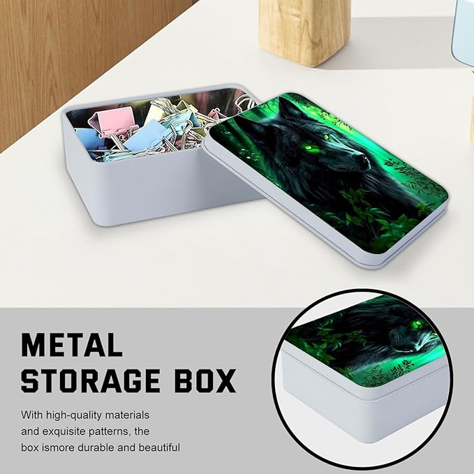 Metal Tin Box with Lid,Multi-functional Storage Box Can Store Tea Biscuits Game Cards, Playing & Tarot Cards-Comes with 4 Magnetic Cord Clips,Wolf with Glowing Green Eyes