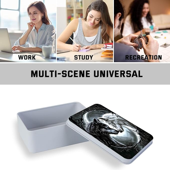 Metal Tin Box with Lid,Multi-functional Storage Large Box Can Store Tea Biscuits Game Cards, Playing & Tarot Cards-Comes with 4 Magnetic Cord Clips,Black and White Twin Wolves